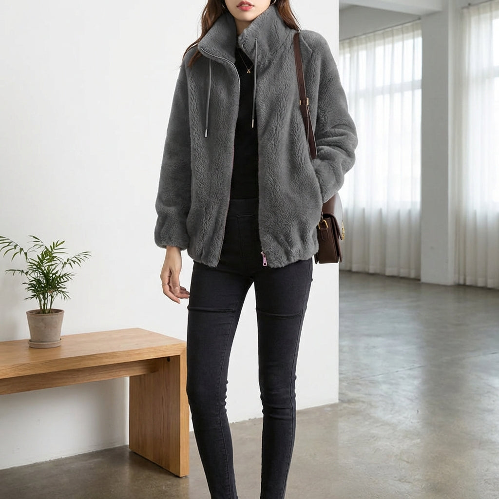 Double Faced Fleece Warm High Neck Sweater Women Cardigan