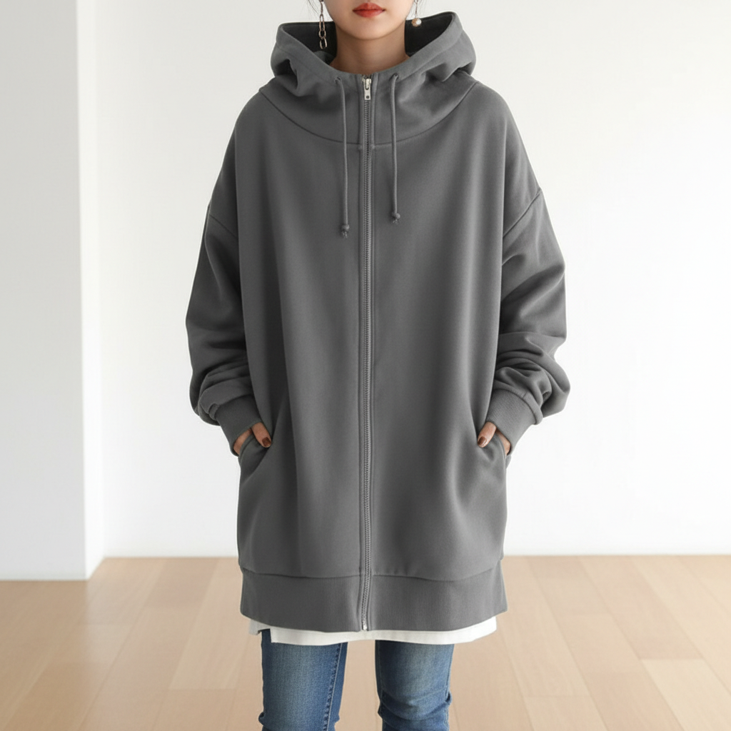 Oversized S-5XL Women Loose Hooded Coats Autumn Female Tie Collar Long Sleeve Zipper Up Add Velvet Long Sweatshirt