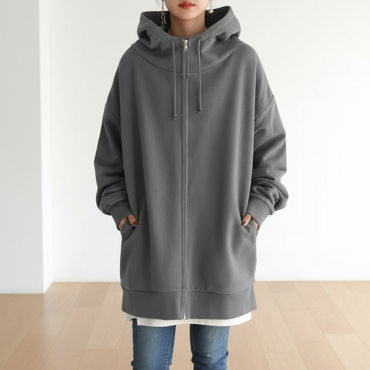 Oversized S-5XL Women Loose Hooded Coats Autumn Female Tie Collar Long Sleeve Zipper Up Add Velvet Long Sweatshirt