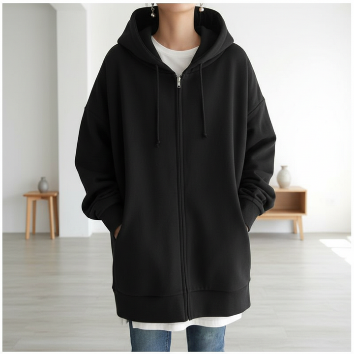 Oversized S-5XL Women Loose Hooded Coats Autumn Female Tie Collar Long Sleeve Zipper Up Add Velvet Long Sweatshirt