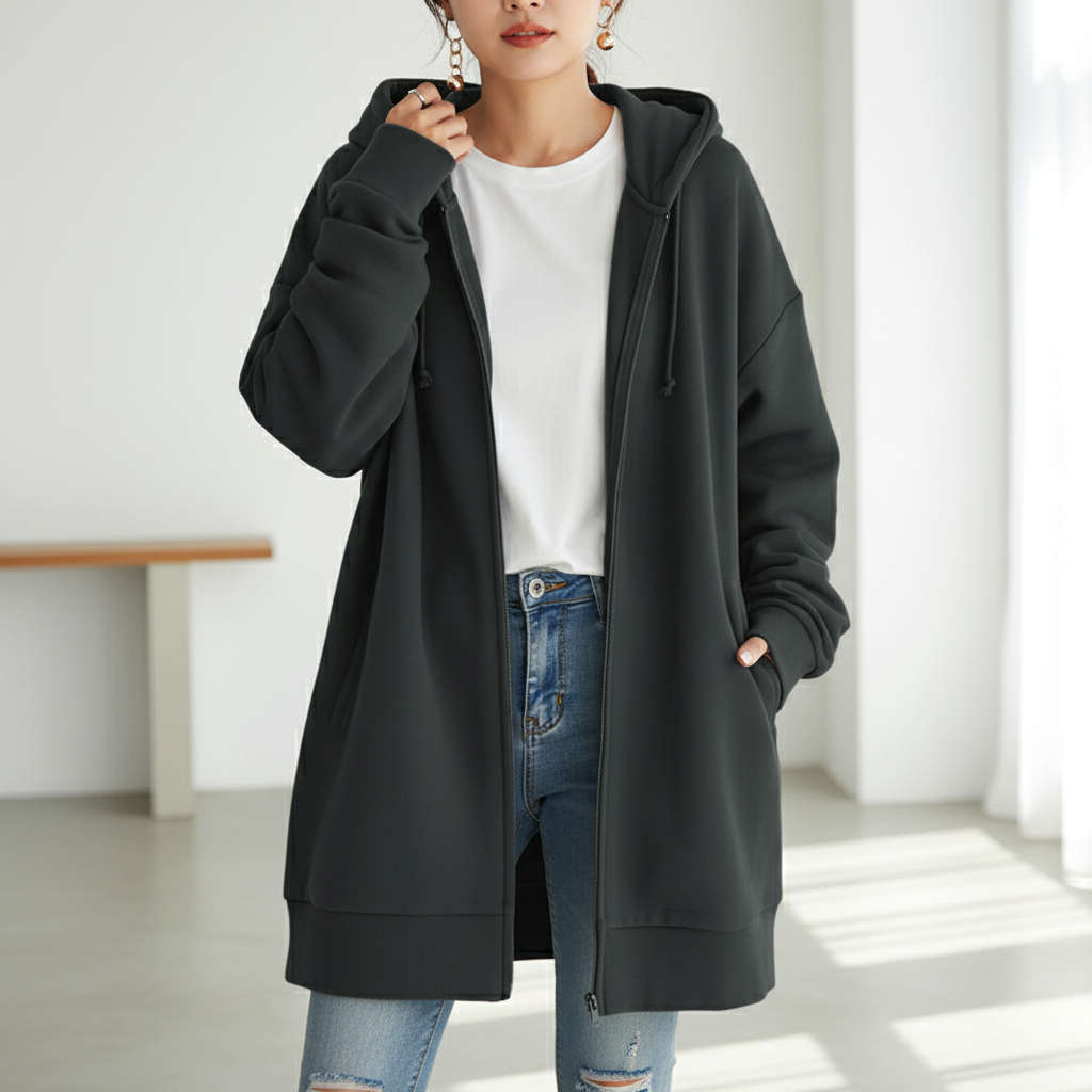 Oversized S-5XL Women Loose Hooded Coats Autumn Female Tie Collar Long Sleeve Zipper Up Add Velvet Long Sweatshirt