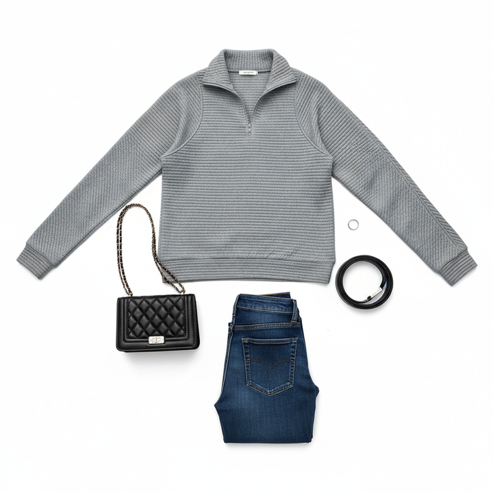 Zipper Stand Collar Pullover Sweatshirt Fashion Solid Striped Long Sleeve Top Spring And Autumn Women's Clothing