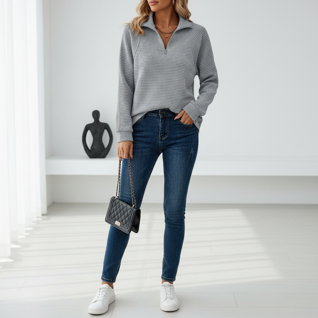 Zipper Stand Collar Pullover Sweatshirt Fashion Solid Striped Long Sleeve Top Spring And Autumn Women's Clothing