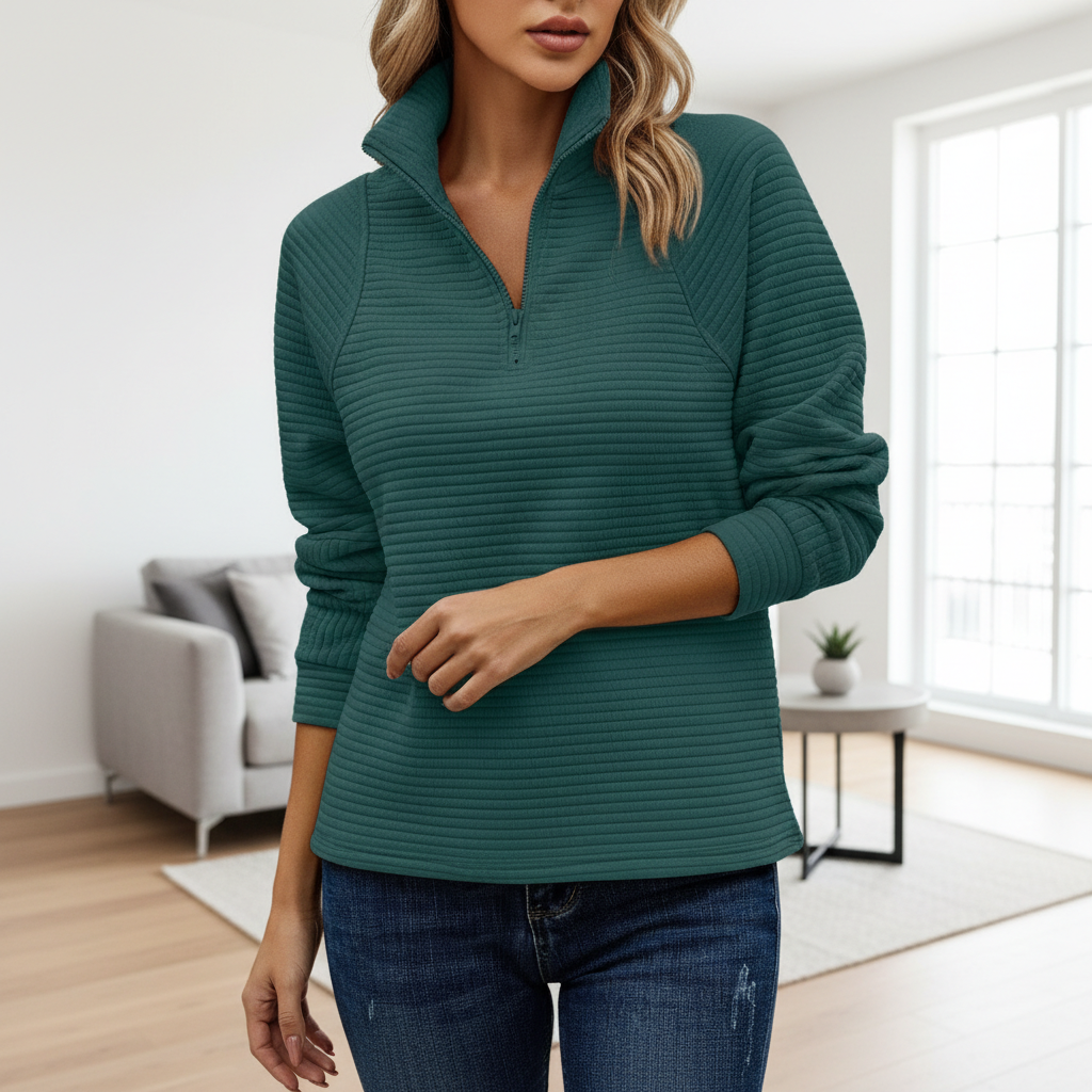 Zipper Stand Collar Pullover Sweatshirt Fashion Solid Striped Long Sleeve Top Spring And Autumn Women's Clothing