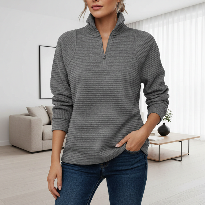 Zipper Stand Collar Pullover Sweatshirt Fashion Solid Striped Long Sleeve Top Spring And Autumn Women's Clothing