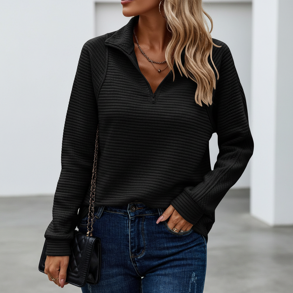 Zipper Stand Collar Pullover Sweatshirt Fashion Solid Striped Long Sleeve Top Spring And Autumn Women's Clothing