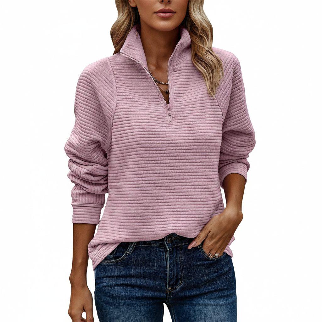 Zipper Stand Collar Pullover Sweatshirt Fashion Solid Striped Long Sleeve Top Spring And Autumn Women's Clothing