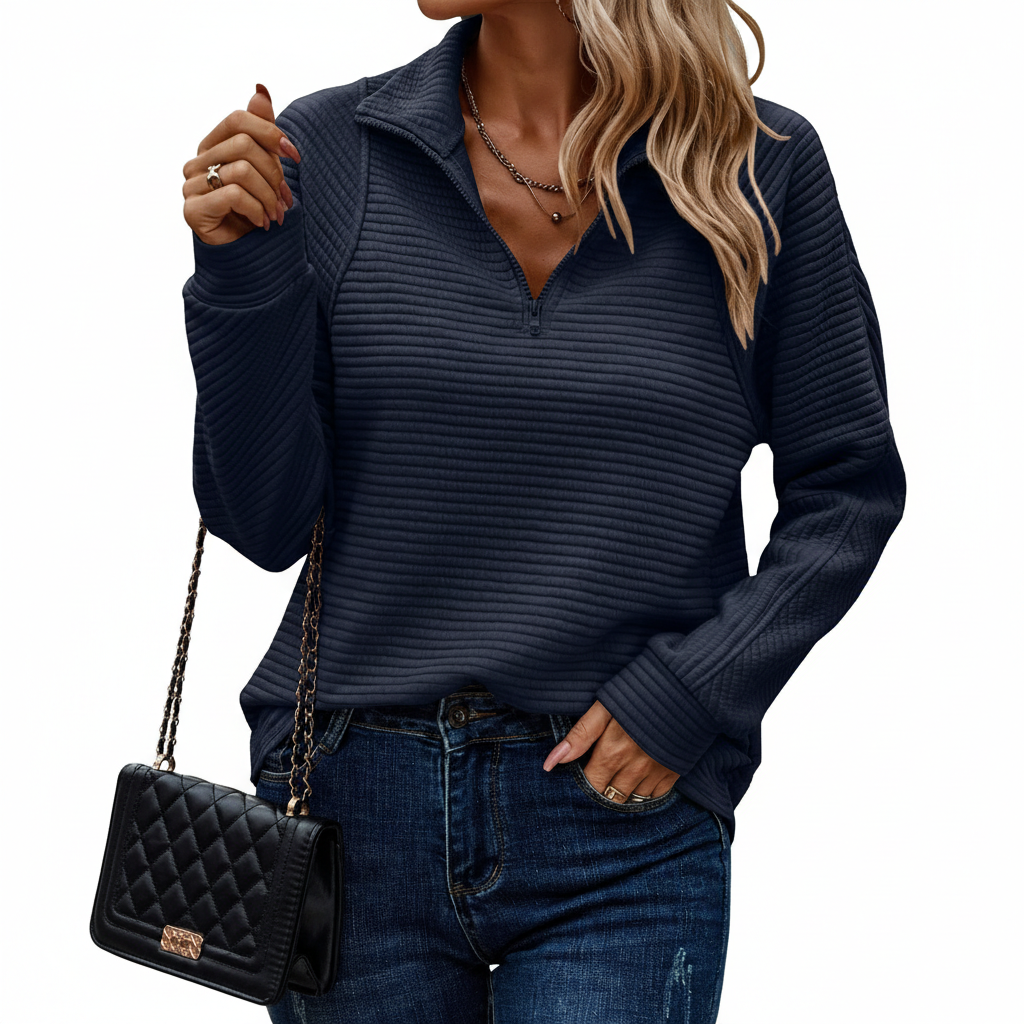 Zipper Stand Collar Pullover Sweatshirt Fashion Solid Striped Long Sleeve Top Spring And Autumn Women's Clothing