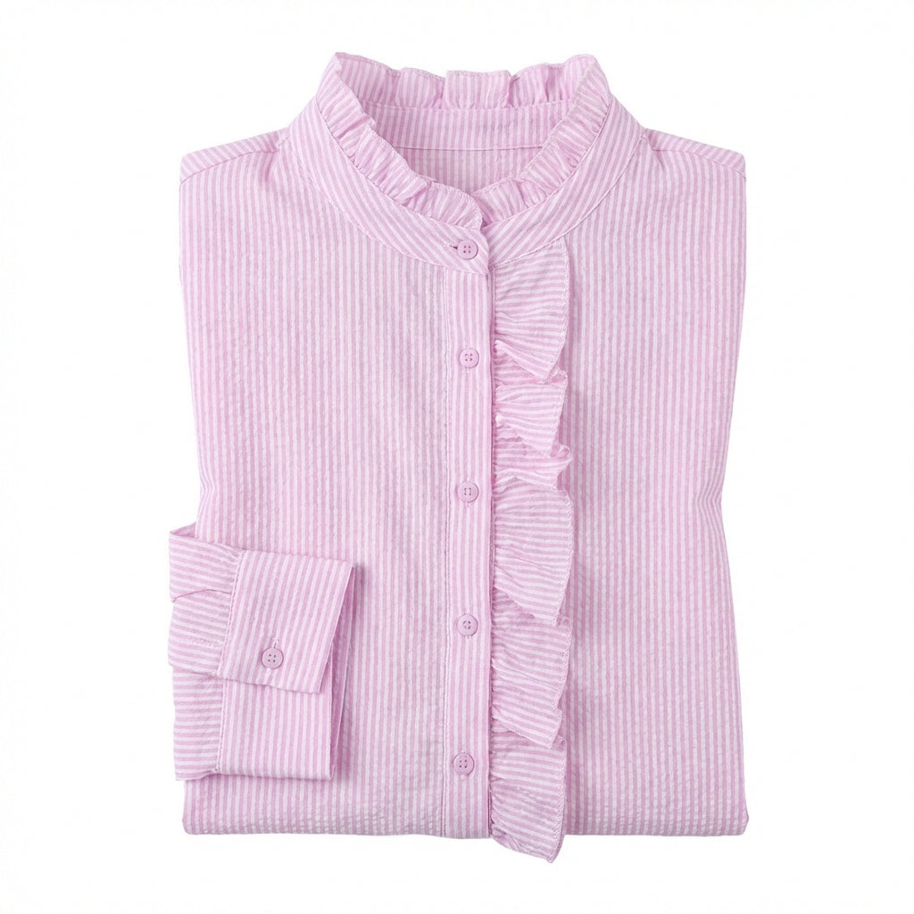 Women's Striped Ruffle Button-Up Blouse – Long Sleeve Office & Casual Shirt