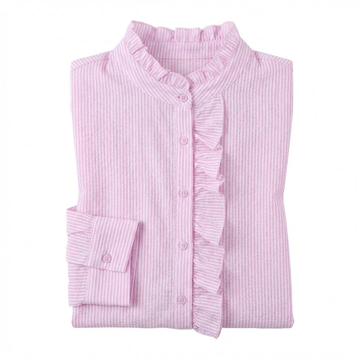 Women's Striped Ruffle Button-Up Blouse – Long Sleeve Office & Casual Shirt