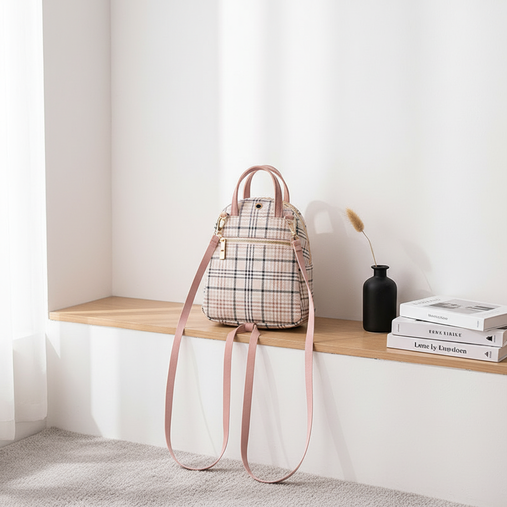 Ladies Check Lock Small Backpack One Shoulder Diagonal Handbag Coin Purse