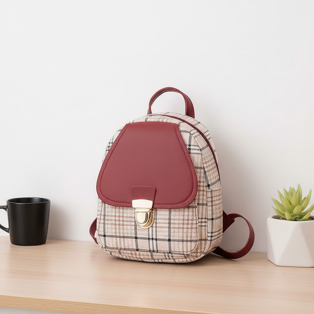 Ladies Check Lock Small Backpack One Shoulder Diagonal Handbag Coin Purse