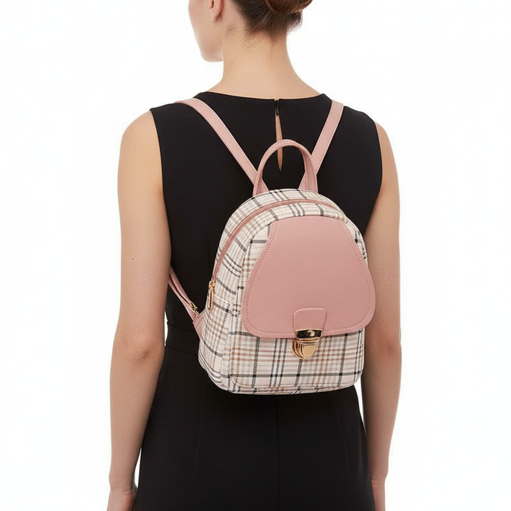 Ladies Check Lock Small Backpack One Shoulder Diagonal Handbag Coin Purse