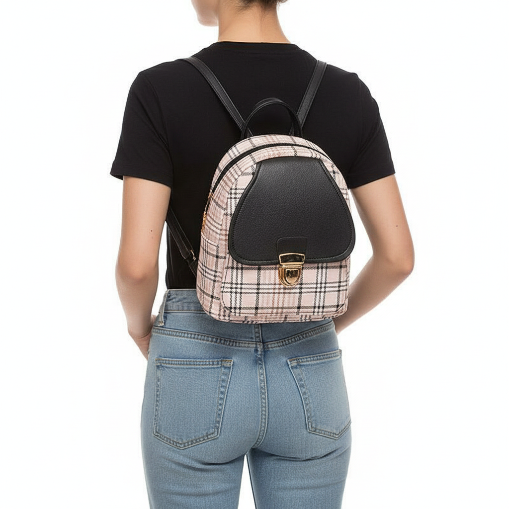 Ladies Check Lock Small Backpack One Shoulder Diagonal Handbag Coin Purse