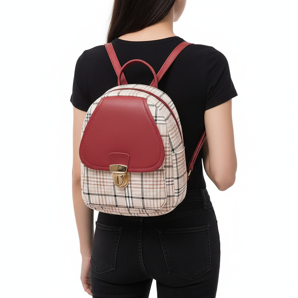Ladies Check Lock Small Backpack One Shoulder Diagonal Handbag Coin Purse