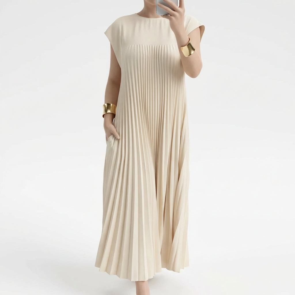 Short Sleeve Pleated Long Dress Summer Round Neck Dress Women's Clothing