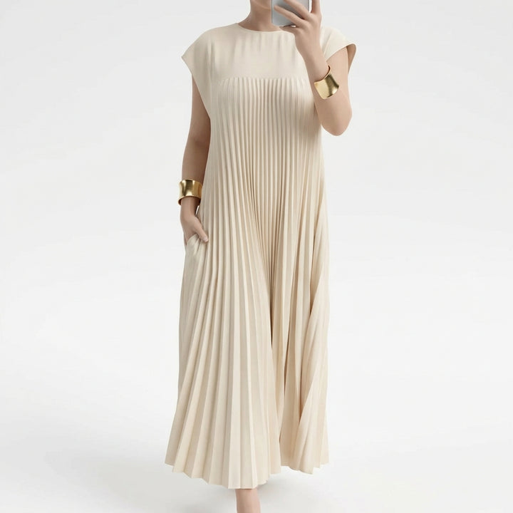 Short Sleeve Pleated Long Dress Summer Round Neck Dress Women's Clothing