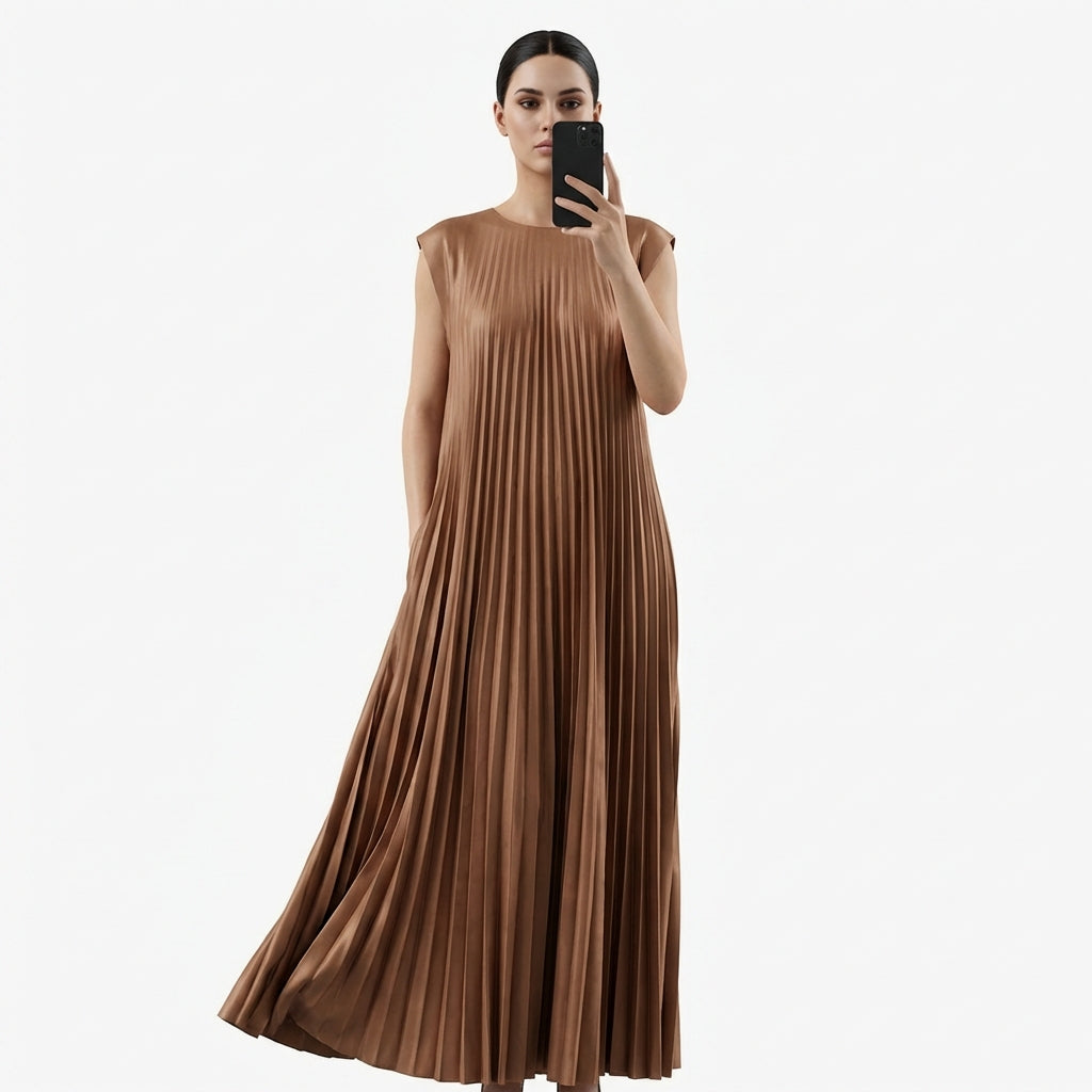 Short Sleeve Pleated Long Dress Summer Round Neck Dress Women's Clothing