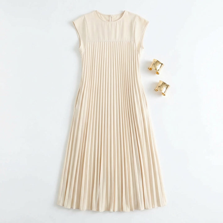 Short Sleeve Pleated Long Dress Summer Round Neck Dress Women's Clothing