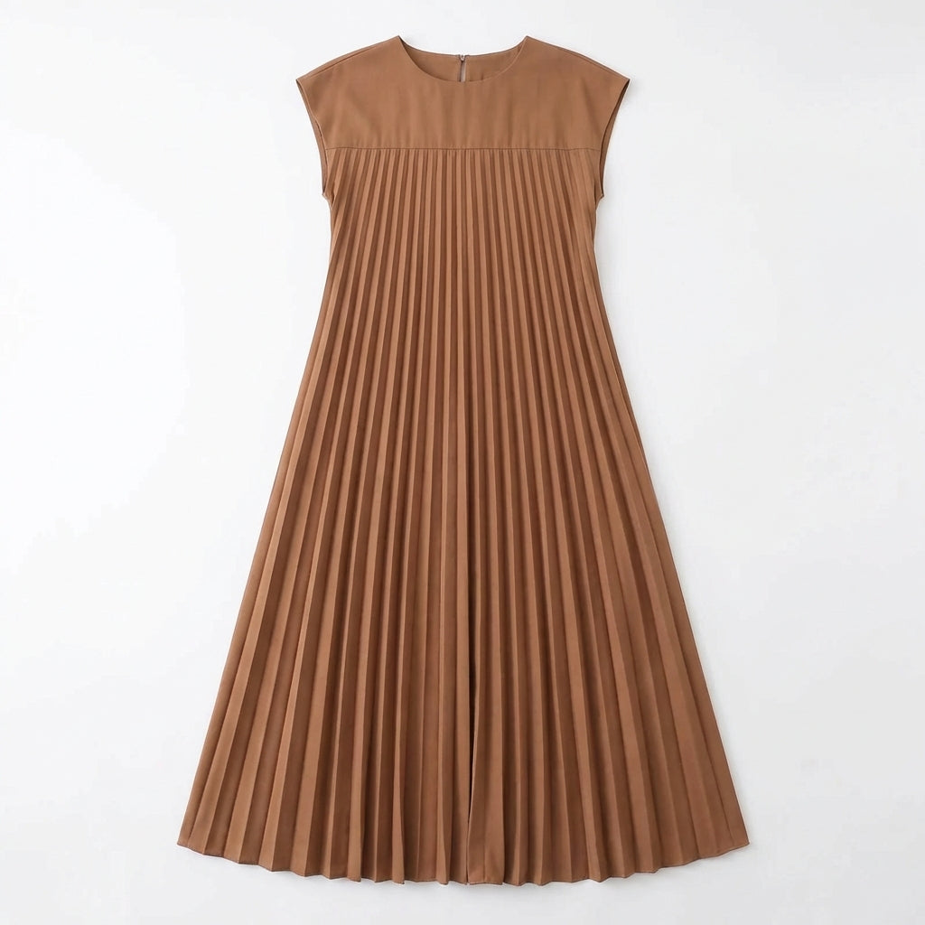 Short Sleeve Pleated Long Dress Summer Round Neck Dress Women's Clothing