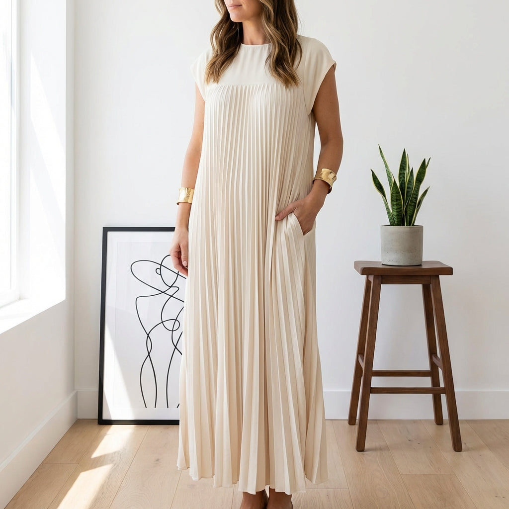 Short Sleeve Pleated Long Dress Summer Round Neck Dress Women's Clothing