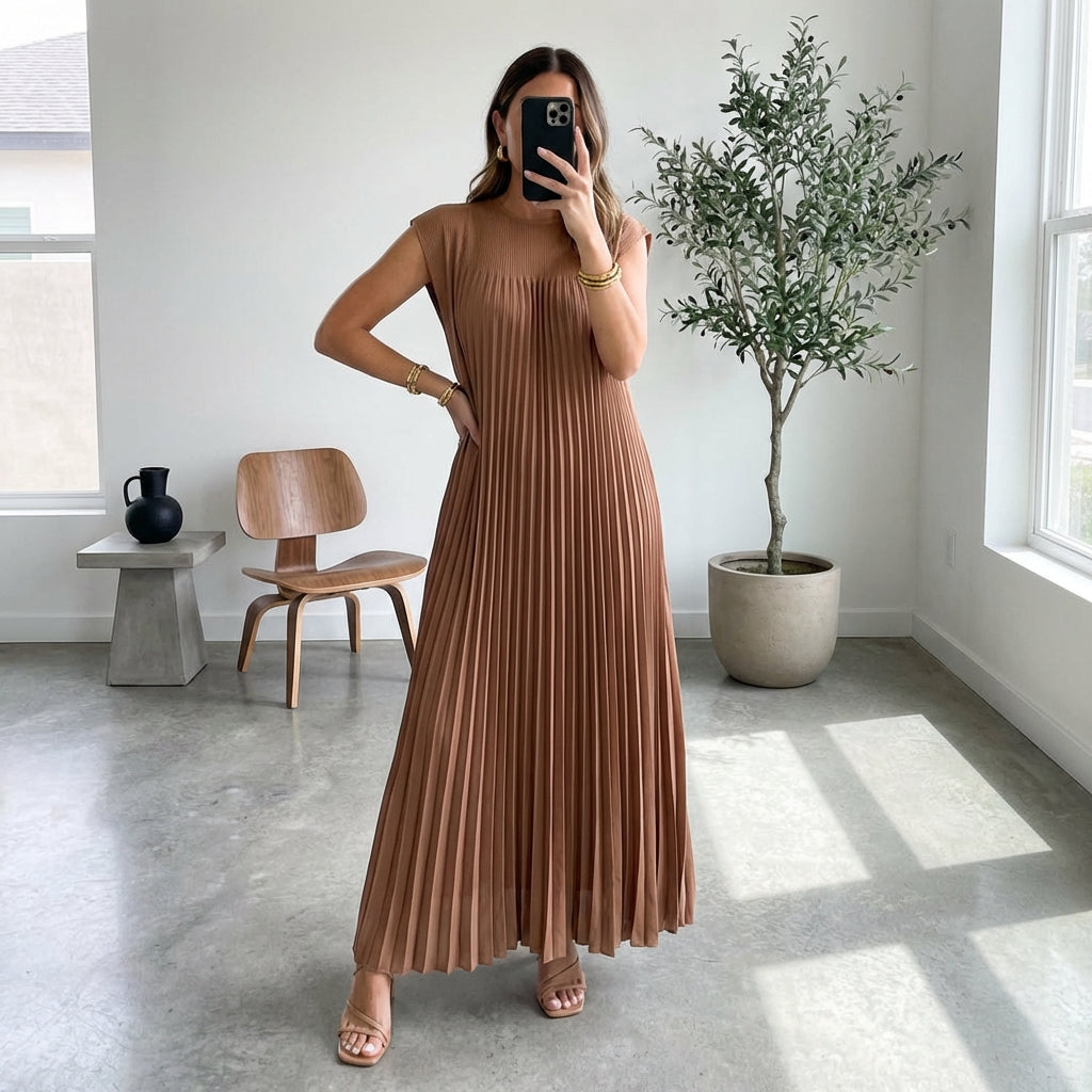 Short Sleeve Pleated Long Dress Summer Round Neck Dress Women's Clothing