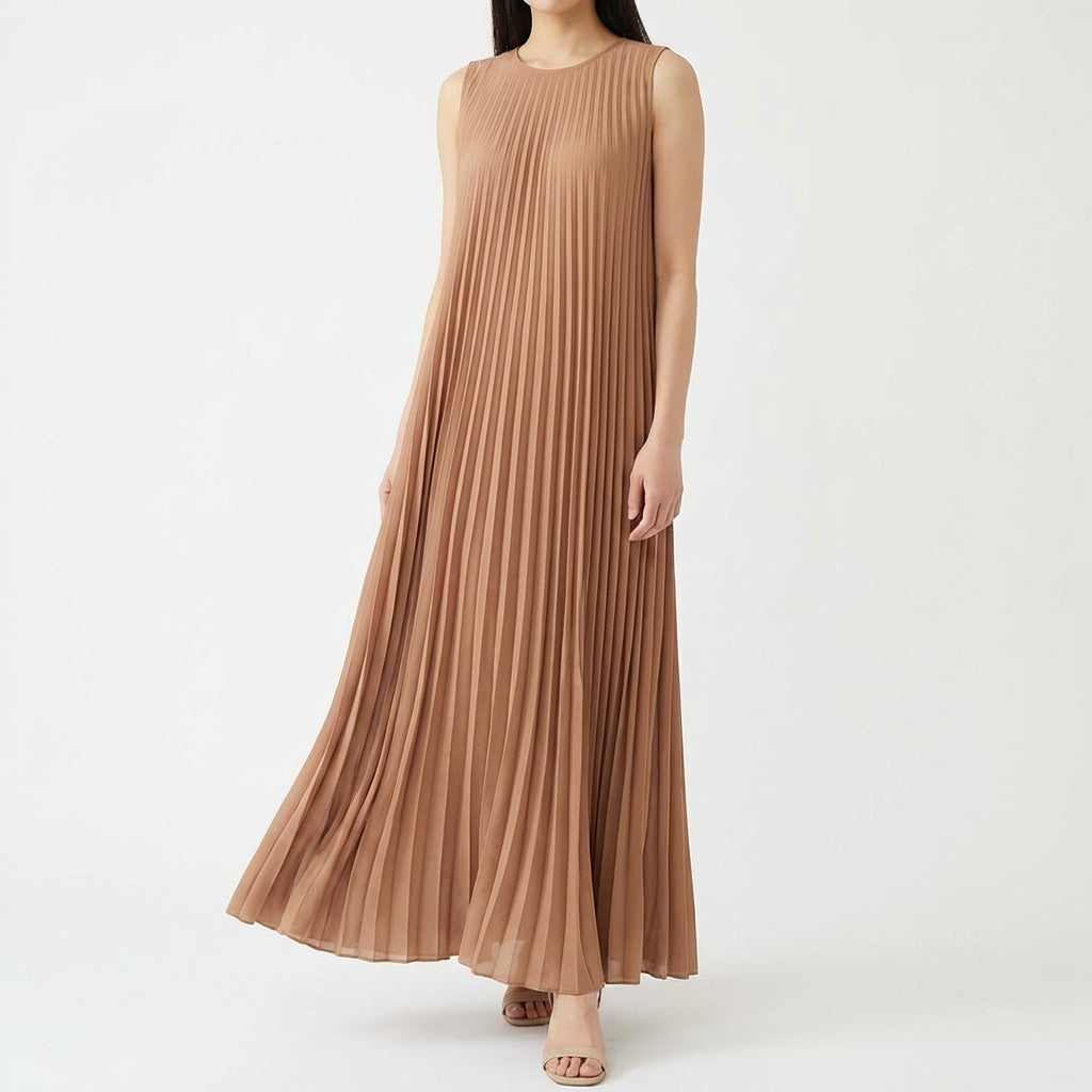 Short Sleeve Pleated Long Dress Summer Round Neck Dress Women's Clothing