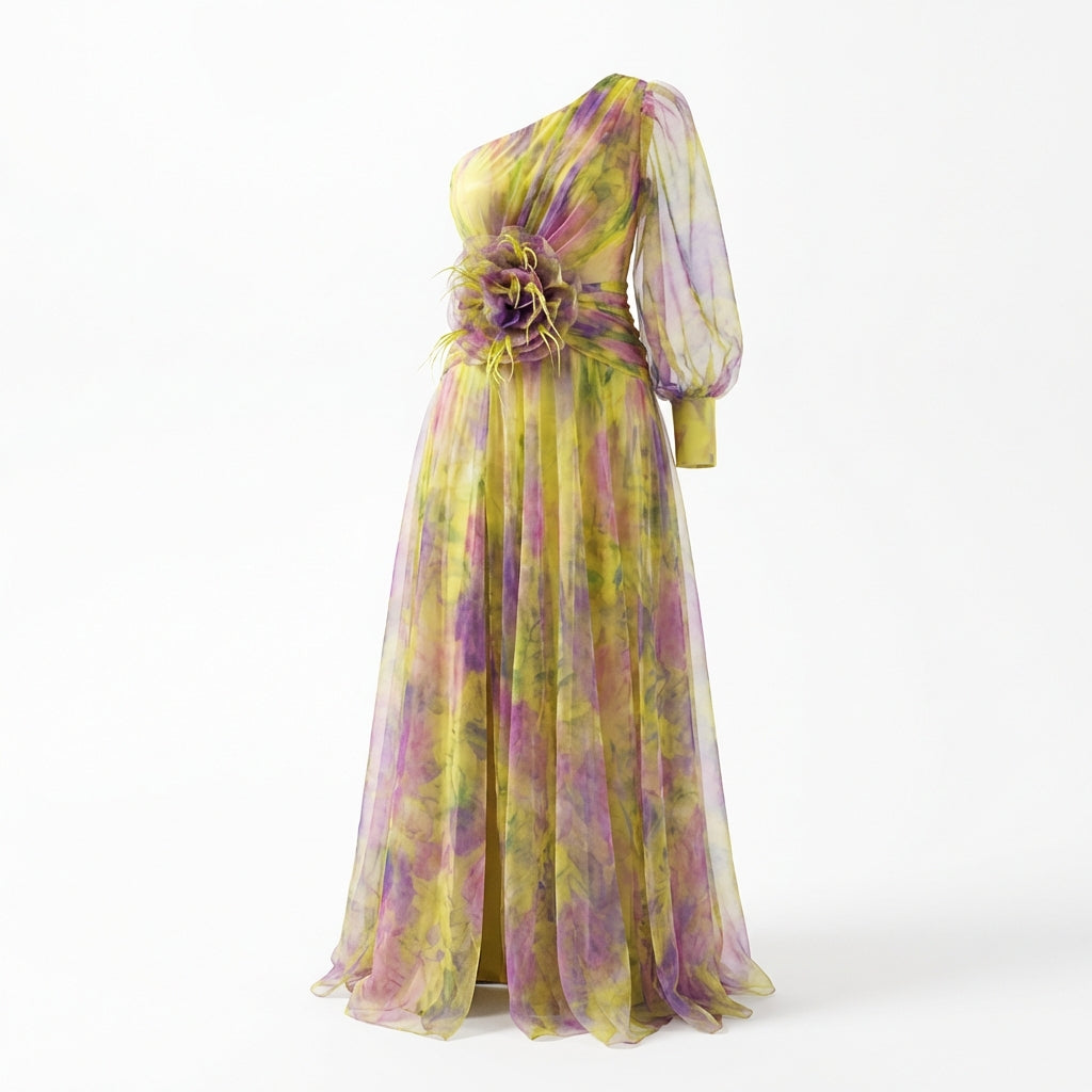 Mesh Tie-dye Printed Off-shoulder Slit Dress Summer INS Fashion Long Dress Party Womens Clothing