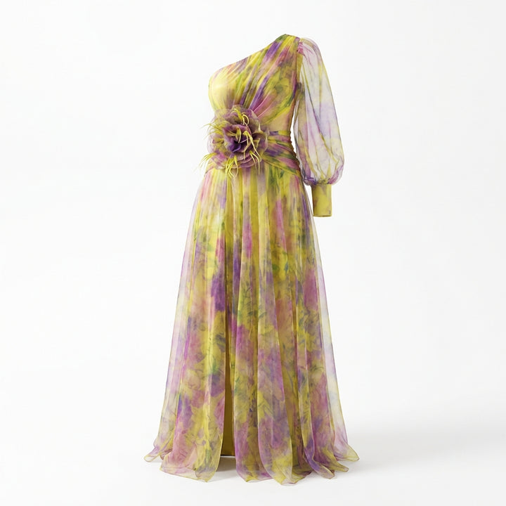 Mesh Tie-dye Printed Off-shoulder Slit Dress Summer INS Fashion Long Dress Party Womens Clothing