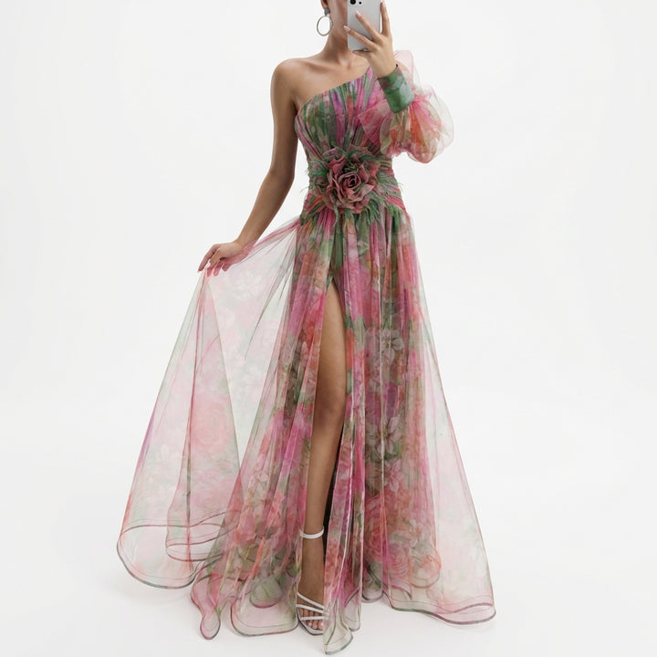 Mesh Tie-dye Printed Off-shoulder Slit Dress Summer INS Fashion Long Dress Party Womens Clothing