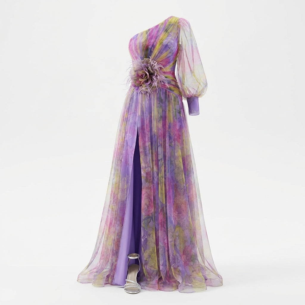 Mesh Tie-dye Printed Off-shoulder Slit Dress Summer INS Fashion Long Dress Party Womens Clothing