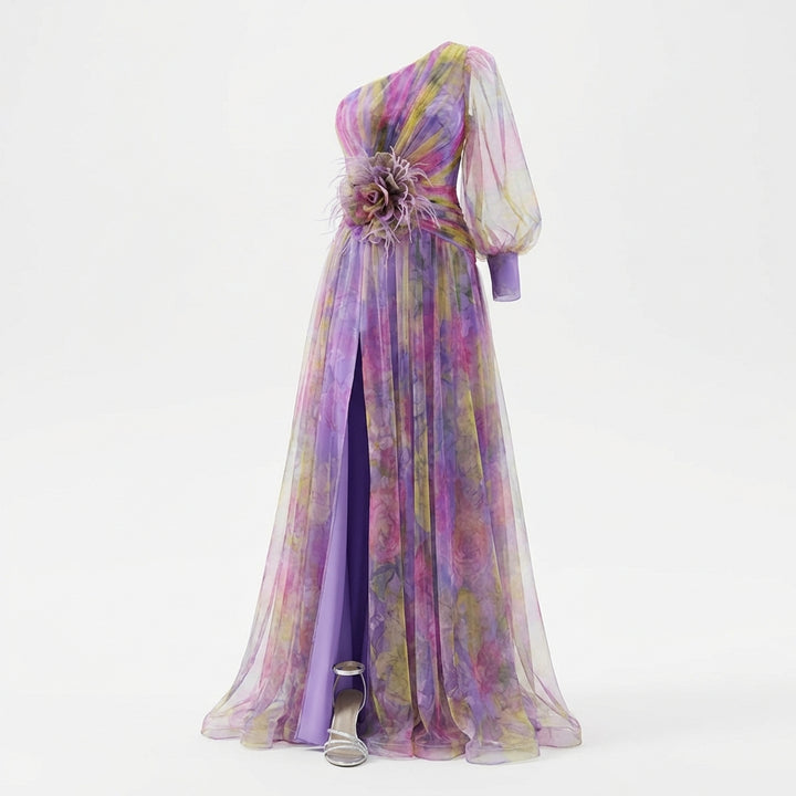 Mesh Tie-dye Printed Off-shoulder Slit Dress Summer INS Fashion Long Dress Party Womens Clothing