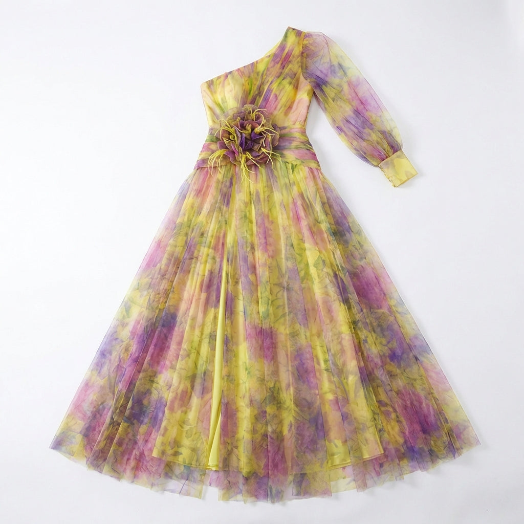 Mesh Tie-dye Printed Off-shoulder Slit Dress Summer INS Fashion Long Dress Party Womens Clothing