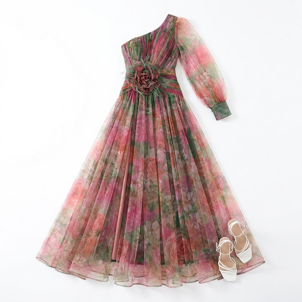 Mesh Tie-dye Printed Off-shoulder Slit Dress Summer INS Fashion Long Dress Party Womens Clothing