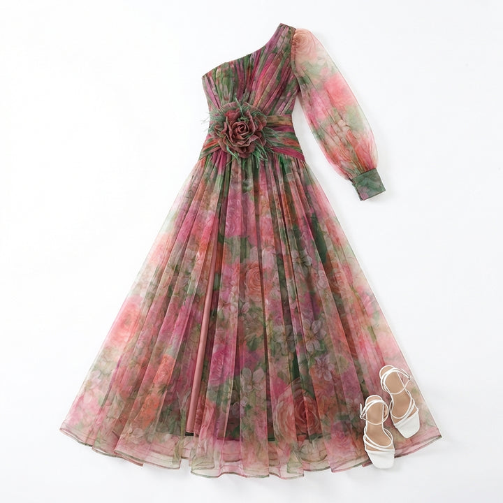 Mesh Tie-dye Printed Off-shoulder Slit Dress Summer INS Fashion Long Dress Party Womens Clothing