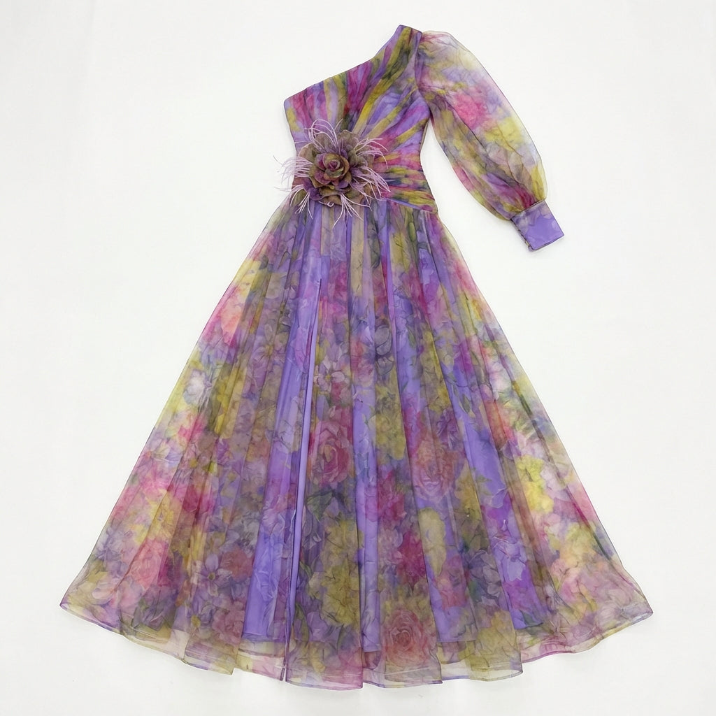 Mesh Tie-dye Printed Off-shoulder Slit Dress Summer INS Fashion Long Dress Party Womens Clothing