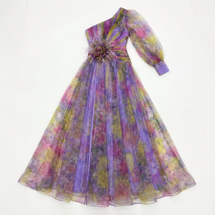 Mesh Tie-dye Printed Off-shoulder Slit Dress Summer INS Fashion Long Dress Party Womens Clothing