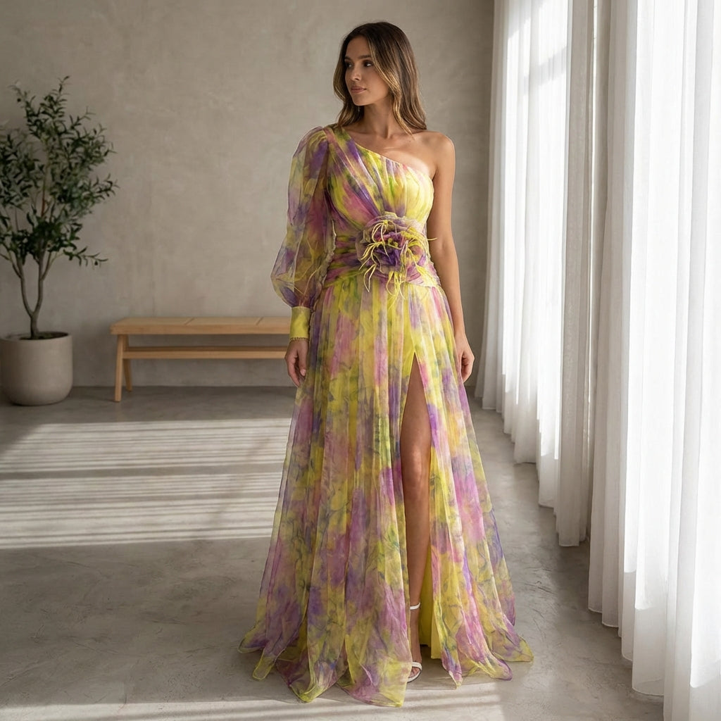 Mesh Tie-dye Printed Off-shoulder Slit Dress Summer INS Fashion Long Dress Party Womens Clothing