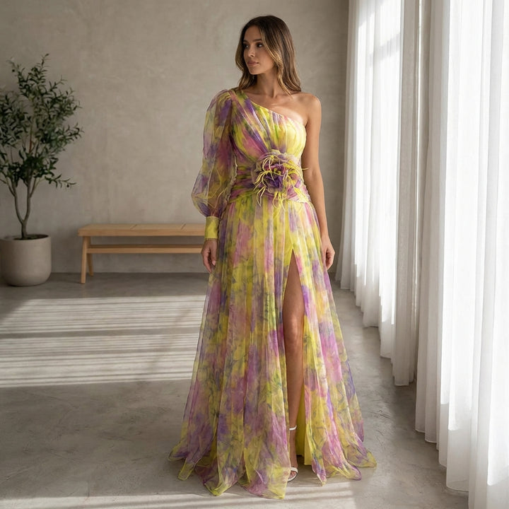 Mesh Tie-dye Printed Off-shoulder Slit Dress Summer INS Fashion Long Dress Party Womens Clothing