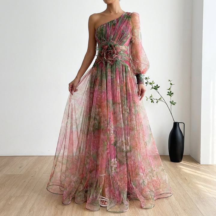 Mesh Tie-dye Printed Off-shoulder Slit Dress Summer INS Fashion Long Dress Party Womens Clothing