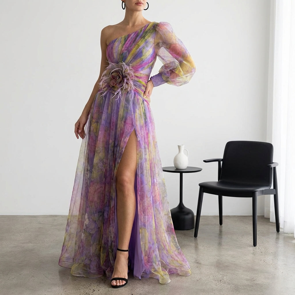 Mesh Tie-dye Printed Off-shoulder Slit Dress Summer INS Fashion Long Dress Party Womens Clothing