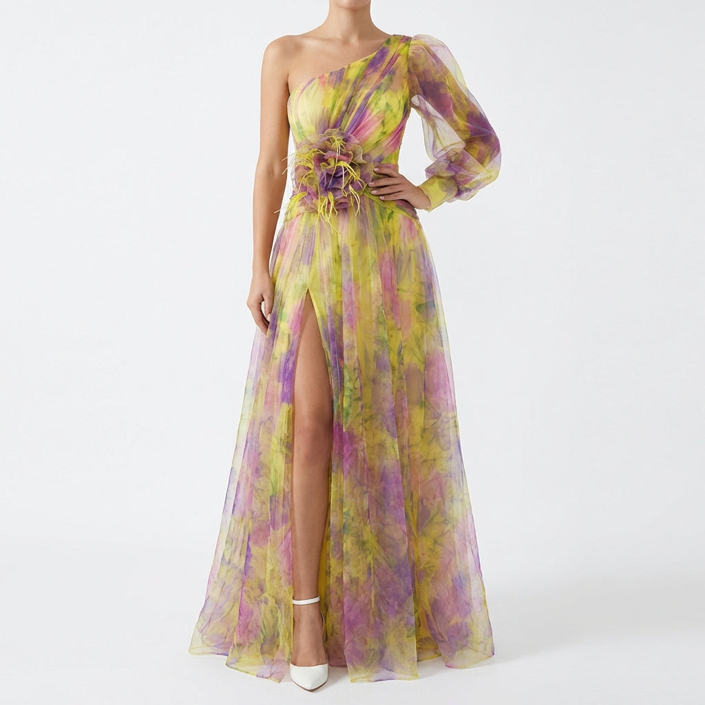 Mesh Tie-dye Printed Off-shoulder Slit Dress Summer INS Fashion Long Dress Party Womens Clothing