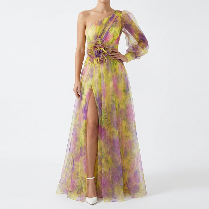 Mesh Tie-dye Printed Off-shoulder Slit Dress Summer INS Fashion Long Dress Party Womens Clothing