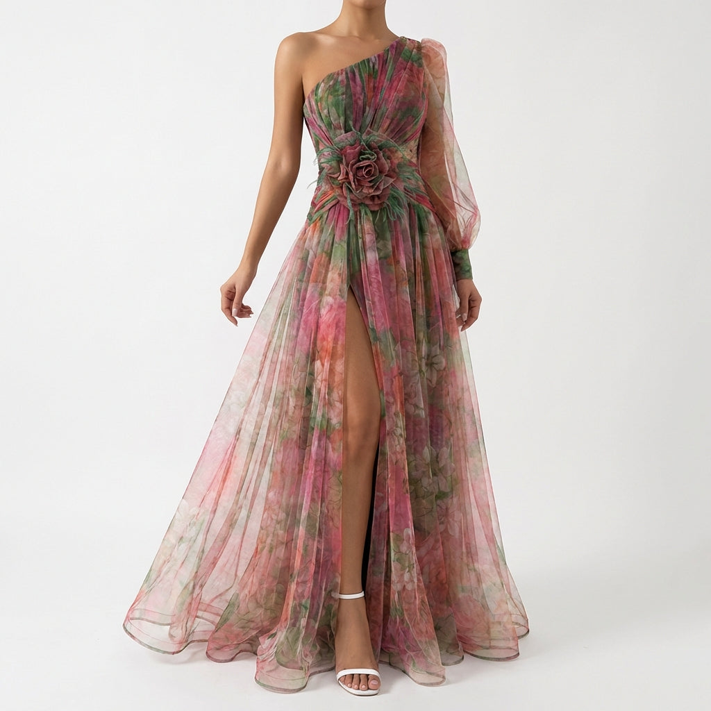 Mesh Tie-dye Printed Off-shoulder Slit Dress Summer INS Fashion Long Dress Party Womens Clothing