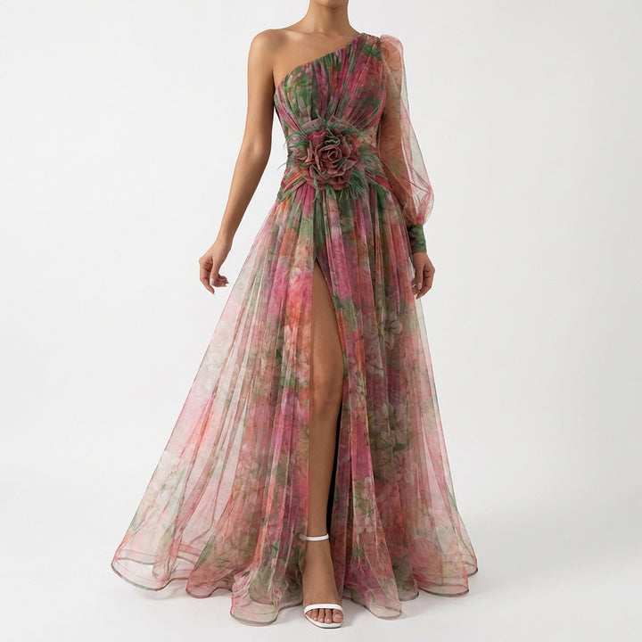 Mesh Tie-dye Printed Off-shoulder Slit Dress Summer INS Fashion Long Dress Party Womens Clothing