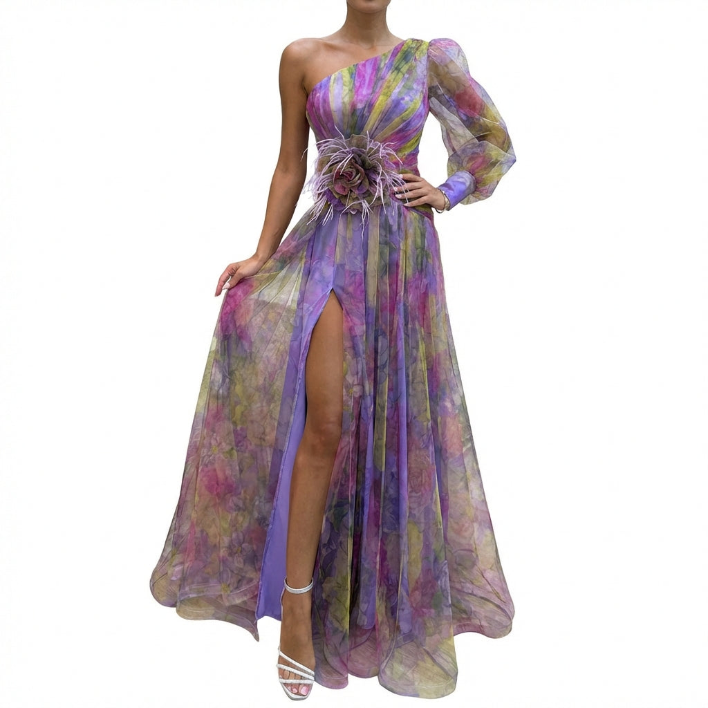 Mesh Tie-dye Printed Off-shoulder Slit Dress Summer INS Fashion Long Dress Party Womens Clothing