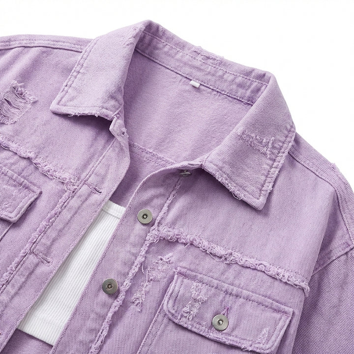 Women's Oversized Ripped Shacket – Casual Distressed Shirt Jacket for Fall & Spring