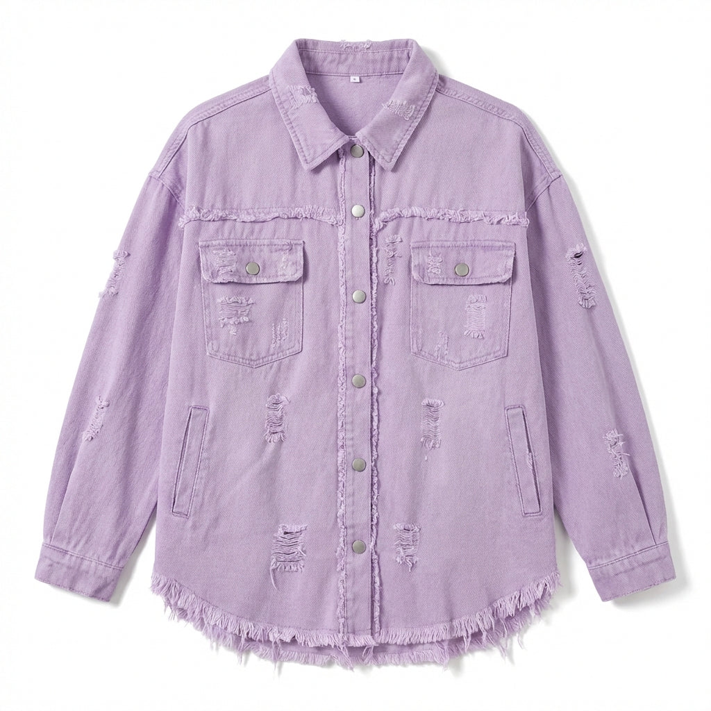 Women's Oversized Ripped Shacket – Casual Distressed Shirt Jacket for Fall & Spring