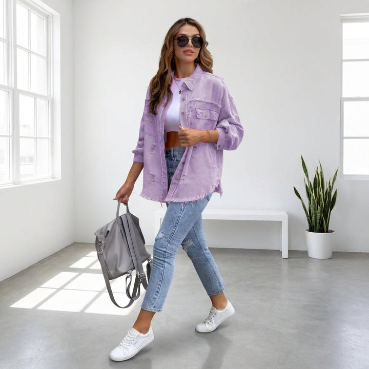 Women's Oversized Ripped Shacket – Casual Distressed Shirt Jacket for Fall & Spring