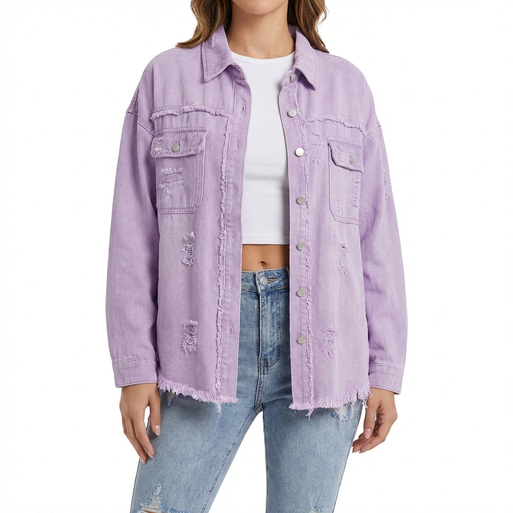 Women's Oversized Ripped Shacket – Casual Distressed Shirt Jacket for Fall & Spring